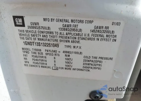 2003 Chevrolet Trailblazer Lt z USA, uszkodzony, nr VIN 1GNDT13S132261049